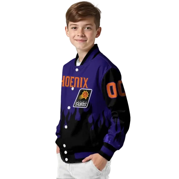 personalized phoenix suns flame border purple black varsity jacket trendy.webp