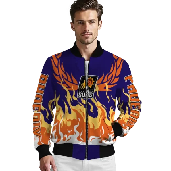 personalized phoenix suns winged blaze purple white bomber jacket high quality