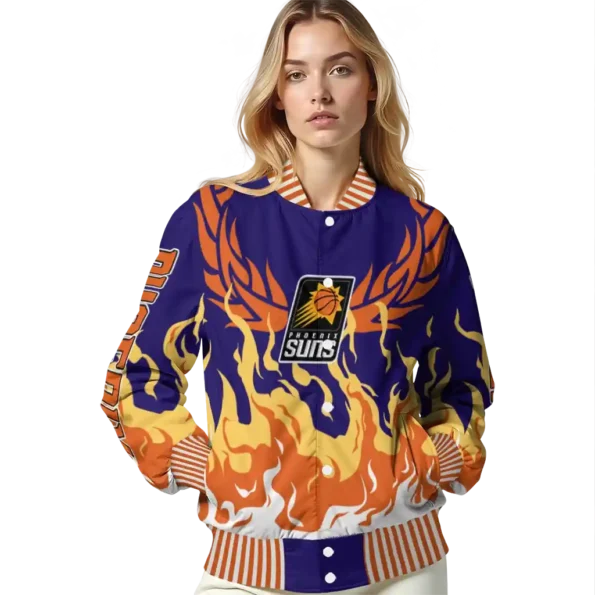 personalized phoenix suns winged blaze purple white varsity jacket latest model.webp