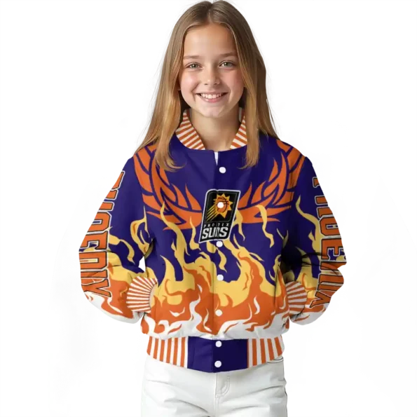 personalized phoenix suns winged blaze purple white varsity jacket top rated.webp