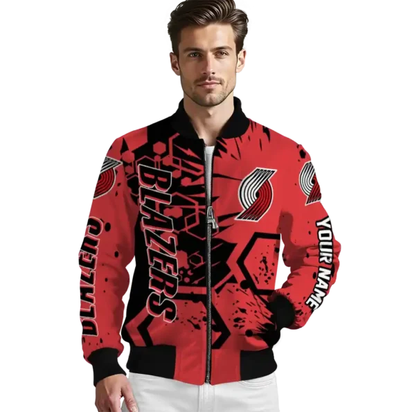personalized portland trail blazers hexagon cluster red black bomber jacket high quality