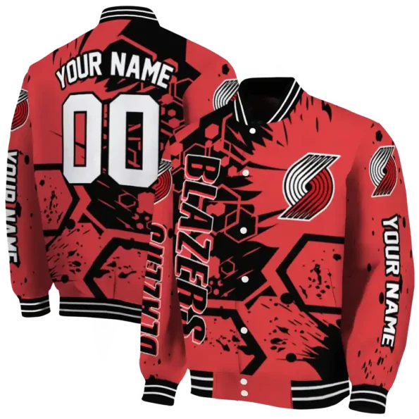 personalized portland trail blazers hexagon cluster red black varsity jacket fashion forward.webp