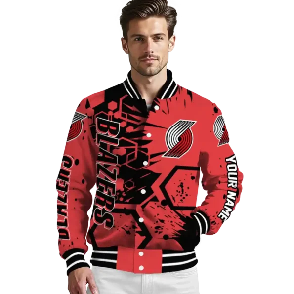 personalized portland trail blazers hexagon cluster red black varsity jacket high quality.webp