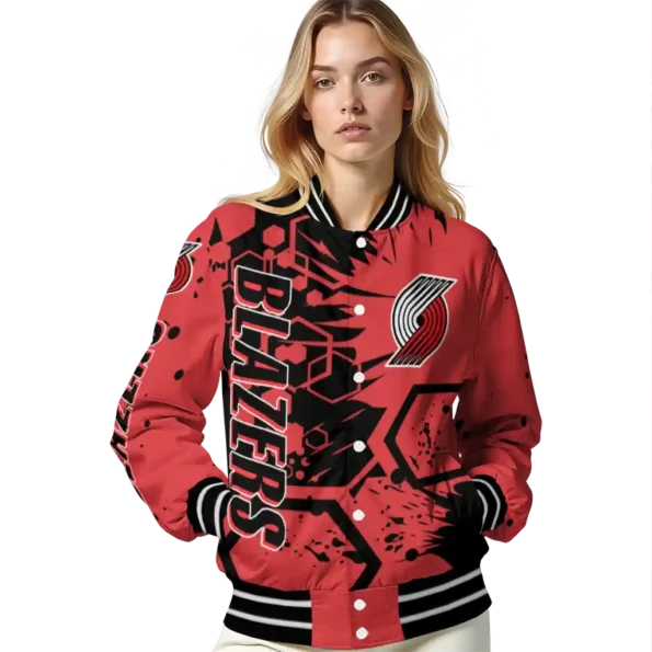 personalized portland trail blazers hexagon cluster red black varsity jacket latest model.webp