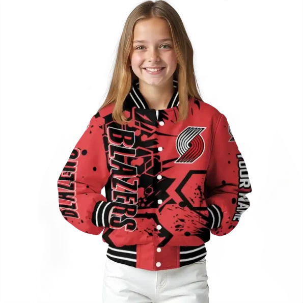 personalized portland trail blazers hexagon cluster red black varsity jacket top rated.webp