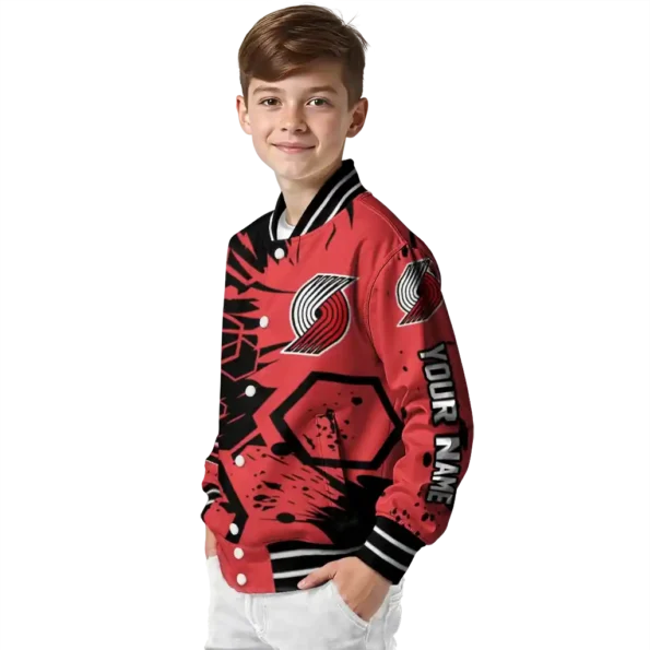 personalized portland trail blazers hexagon cluster red black varsity jacket trendy.webp