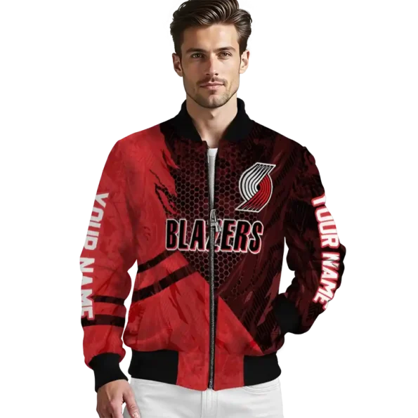 personalized portland trail blazers hexagon mesh red black bomber jacket high quality