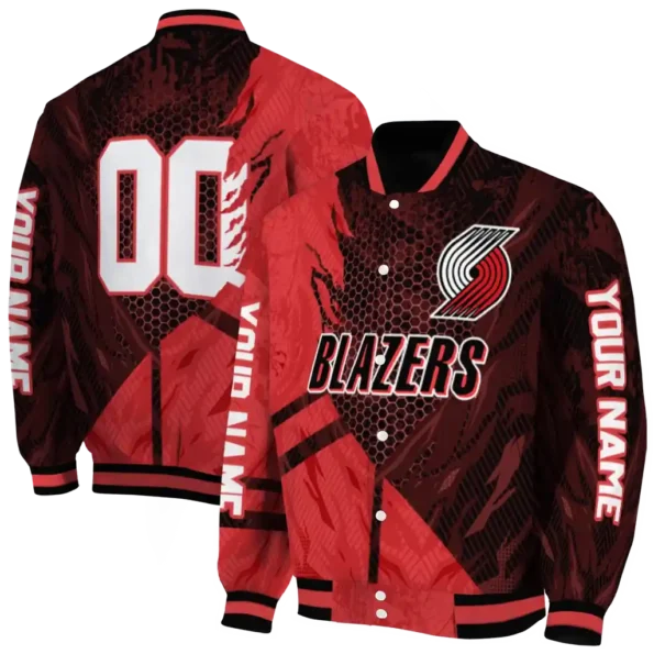 personalized portland trail blazers hexagon mesh red black varsity jacket fashion forward.webp