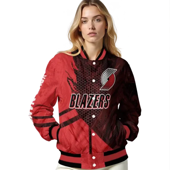 personalized portland trail blazers hexagon mesh red black varsity jacket latest model.webp