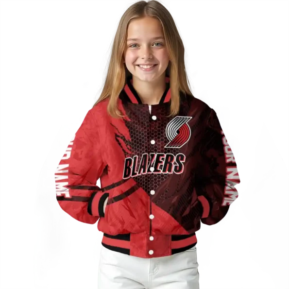 personalized portland trail blazers hexagon mesh red black varsity jacket top rated.webp