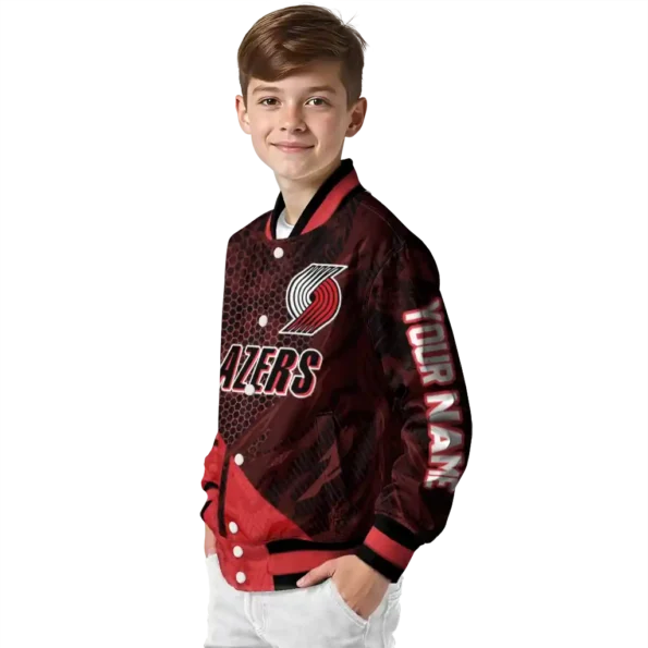 personalized portland trail blazers hexagon mesh red black varsity jacket trendy.webp