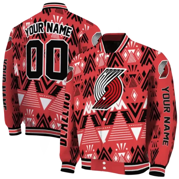 personalized portland trail blazers pyramid shapes red varsity jacket fashion forward.webp