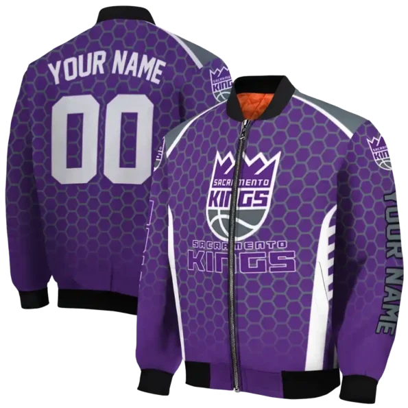 personalized sacramento kings hexagon grid purple bomber jacket fashion forward