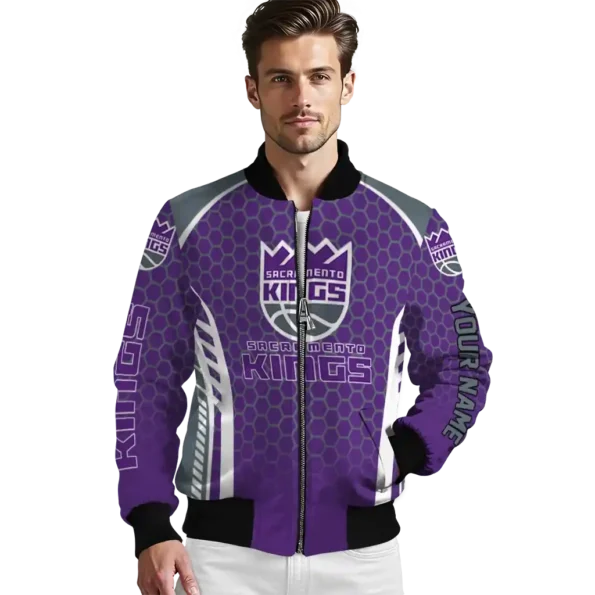 personalized sacramento kings hexagon grid purple bomber jacket high quality