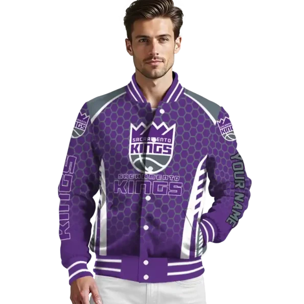 personalized sacramento kings hexagon grid purple varsity jacket high quality.webp