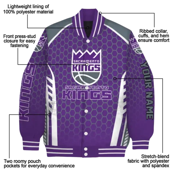 personalized sacramento kings hexagon grid purple varsity jacket new arrival.webp