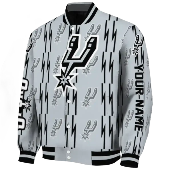 personalized san antonio spurs bolt stripe silver varsity jacket best selling.webp