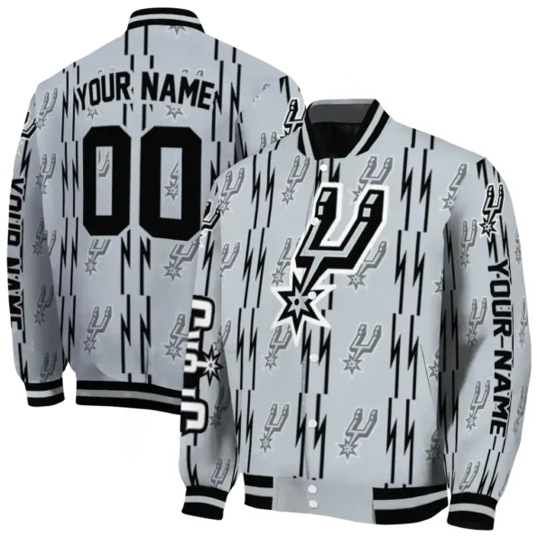 personalized san antonio spurs bolt stripe silver varsity jacket fashion forward.webp
