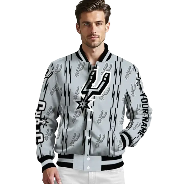 personalized san antonio spurs bolt stripe silver varsity jacket high quality.webp