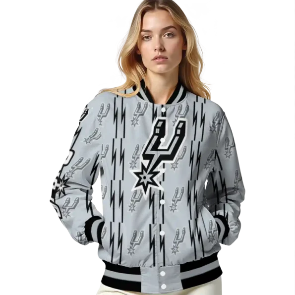 personalized san antonio spurs bolt stripe silver varsity jacket latest model.webp