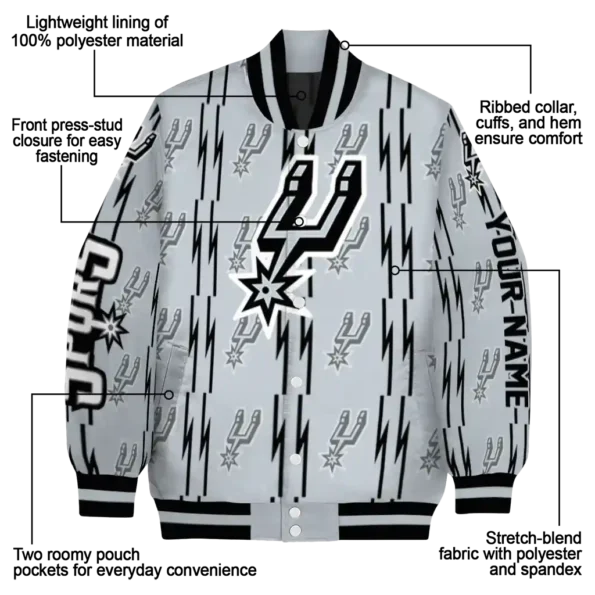 personalized san antonio spurs bolt stripe silver varsity jacket new arrival.webp