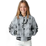 personalized san antonio spurs bolt stripe silver varsity jacket best selling.webp
