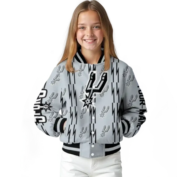 personalized san antonio spurs bolt stripe silver varsity jacket top rated.webp