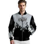 personalized san antonio spurs flame border silver black bomber jacket best selling