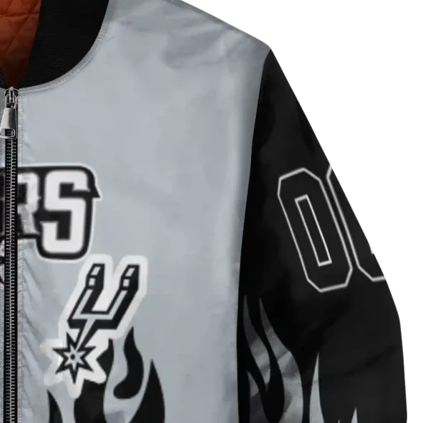personalized san antonio spurs flame border silver black bomber jacket premium grade