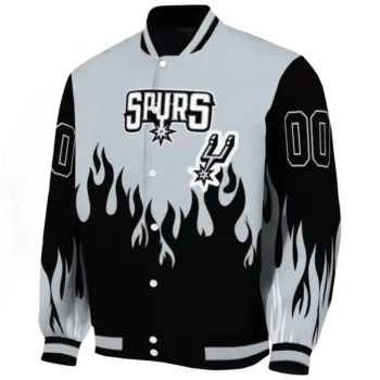 personalized san antonio spurs flame border silver black varsity jacket best selling.webp