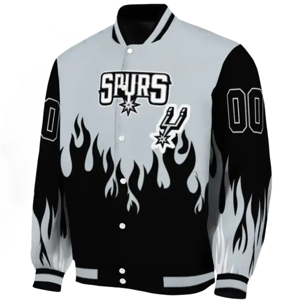 personalized san antonio spurs flame border silver black varsity jacket best selling.webp