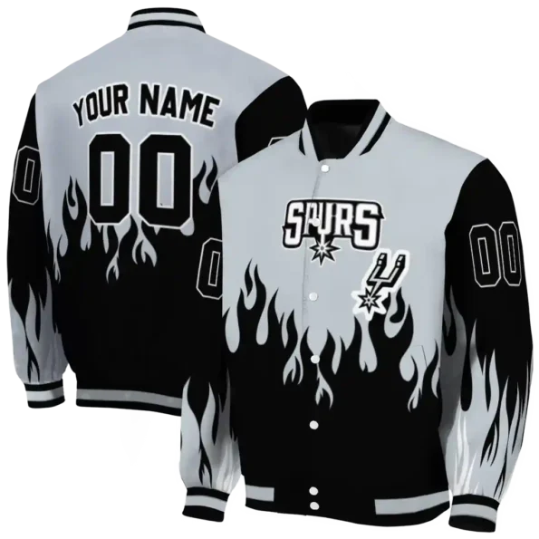 personalized san antonio spurs flame border silver black varsity jacket fashion forward.webp