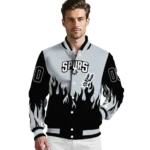 personalized san antonio spurs flame border silver black varsity jacket best selling.webp