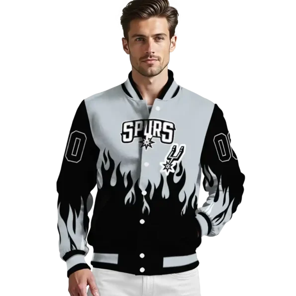 personalized san antonio spurs flame border silver black varsity jacket high quality.webp