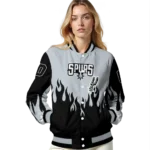 personalized san antonio spurs flame border silver black varsity jacket best selling.webp
