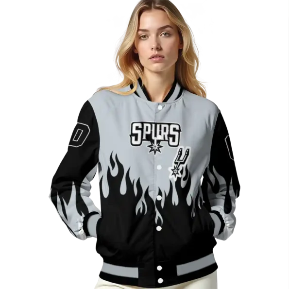 personalized san antonio spurs flame border silver black varsity jacket latest model.webp