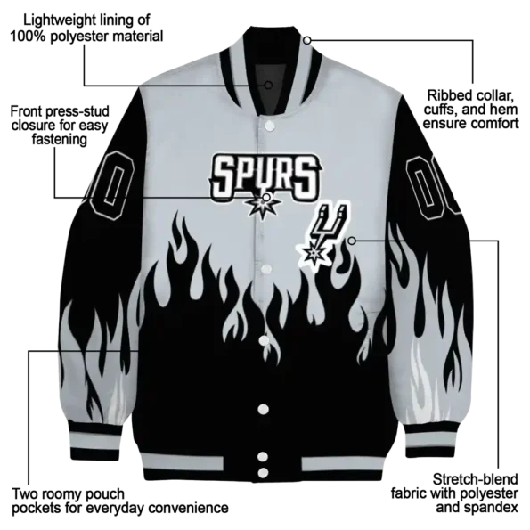 personalized san antonio spurs flame border silver black varsity jacket new arrival.webp