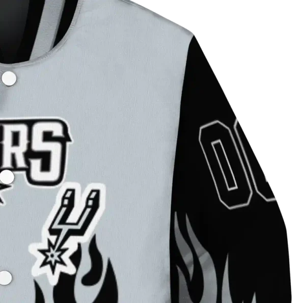 personalized san antonio spurs flame border silver black varsity jacket premium grade.webp