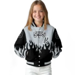 personalized san antonio spurs flame border silver black varsity jacket best selling.webp