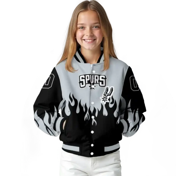 personalized san antonio spurs flame border silver black varsity jacket top rated.webp