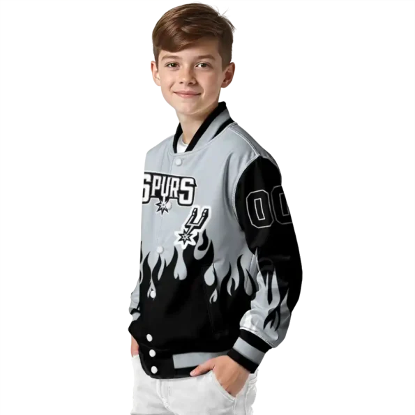 personalized san antonio spurs flame border silver black varsity jacket trendy.webp