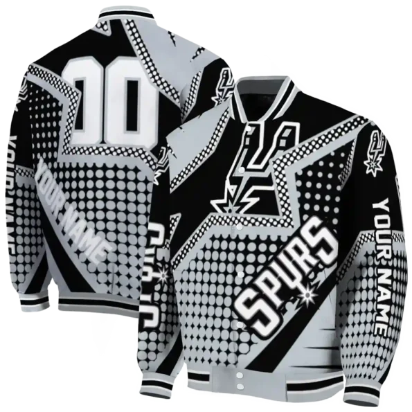 personalized san antonio spurs star burst silver varsity jacket fashion forward.webp