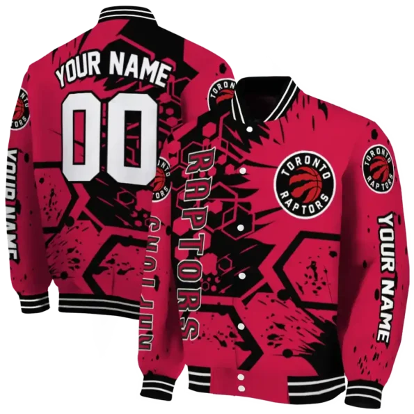 personalized toronto raptors hexagon cluster red black varsity jacket fashion forward.webp