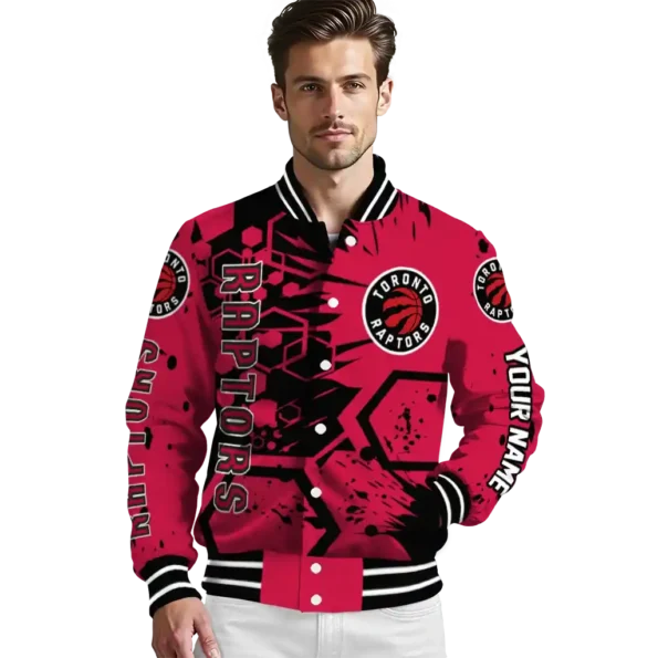 personalized toronto raptors hexagon cluster red black varsity jacket high quality.webp