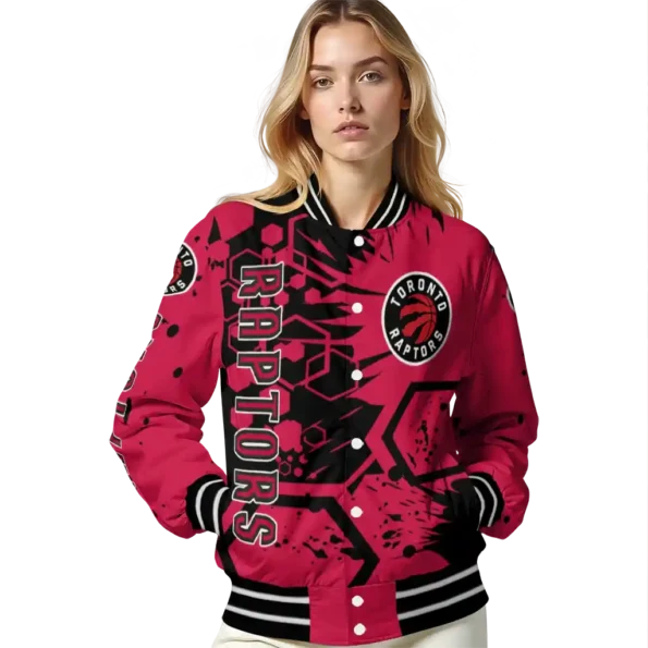 personalized toronto raptors hexagon cluster red black varsity jacket latest model.webp