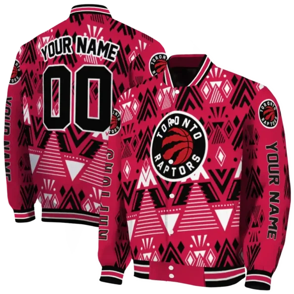 personalized toronto raptors pyramid shapes red varsity jacket fashion forward.webp