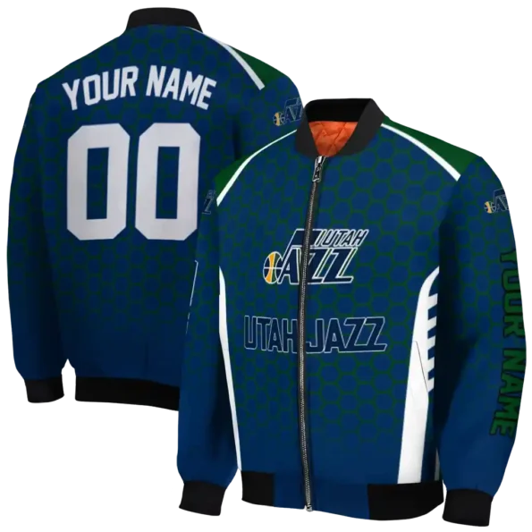 personalized utah jazz hexagon grid navy bomber jacket fashion forward