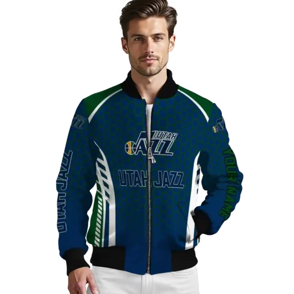 personalized utah jazz hexagon grid navy bomber jacket high quality