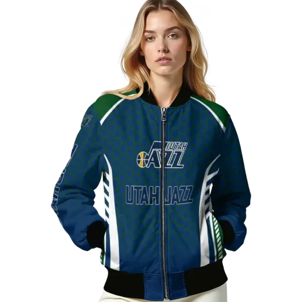 personalized utah jazz hexagon grid navy bomber jacket latest model