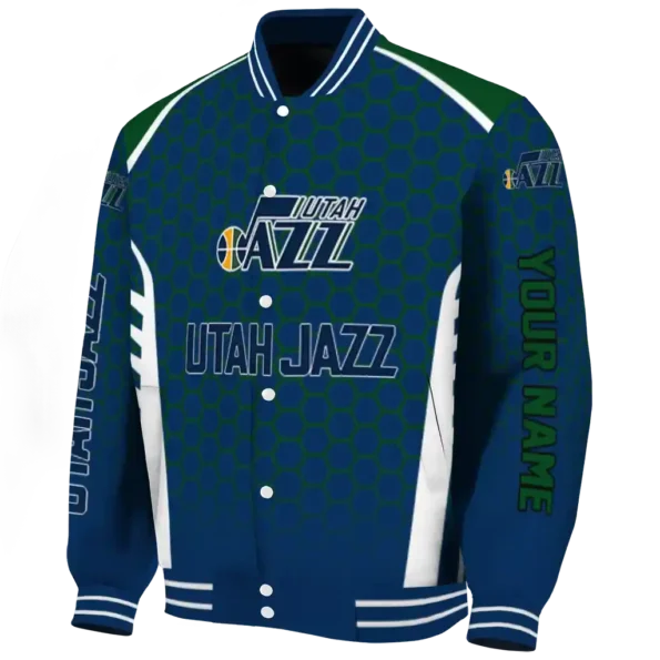personalized utah jazz hexagon grid navy varsity jacket best selling.webp